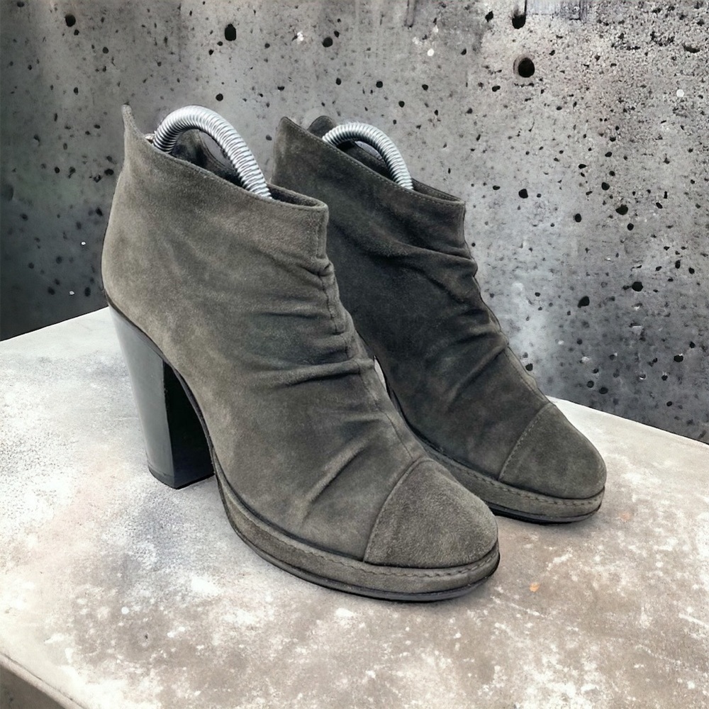 Fiorentini + Baker Nia Grey Suede Ruched Ankle Heeled Boots 36.5/6.5